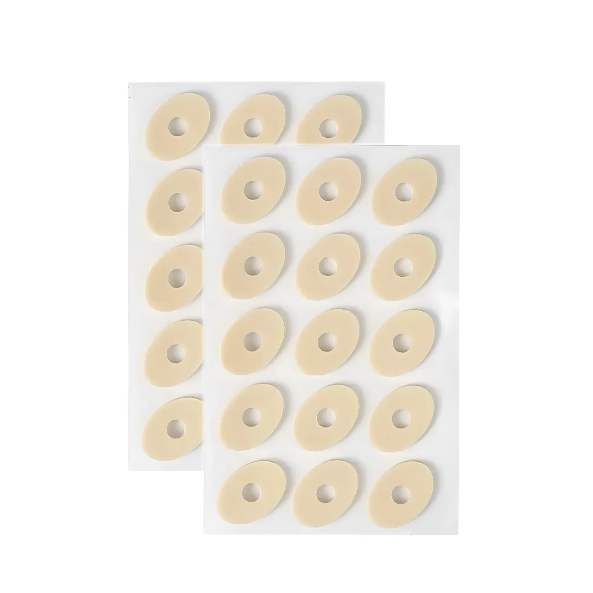 Multi-shape heel corn protectors pack showing large oval, small oval, U-shaped, and circular PU pads.