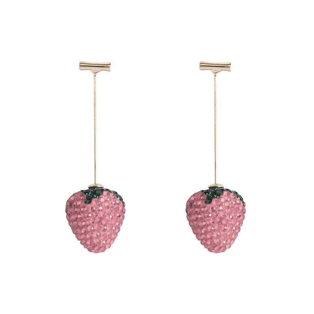 Close-up of geometric spot-drill strawberry stud earrings in red zinc alloy, shown on a plain background.