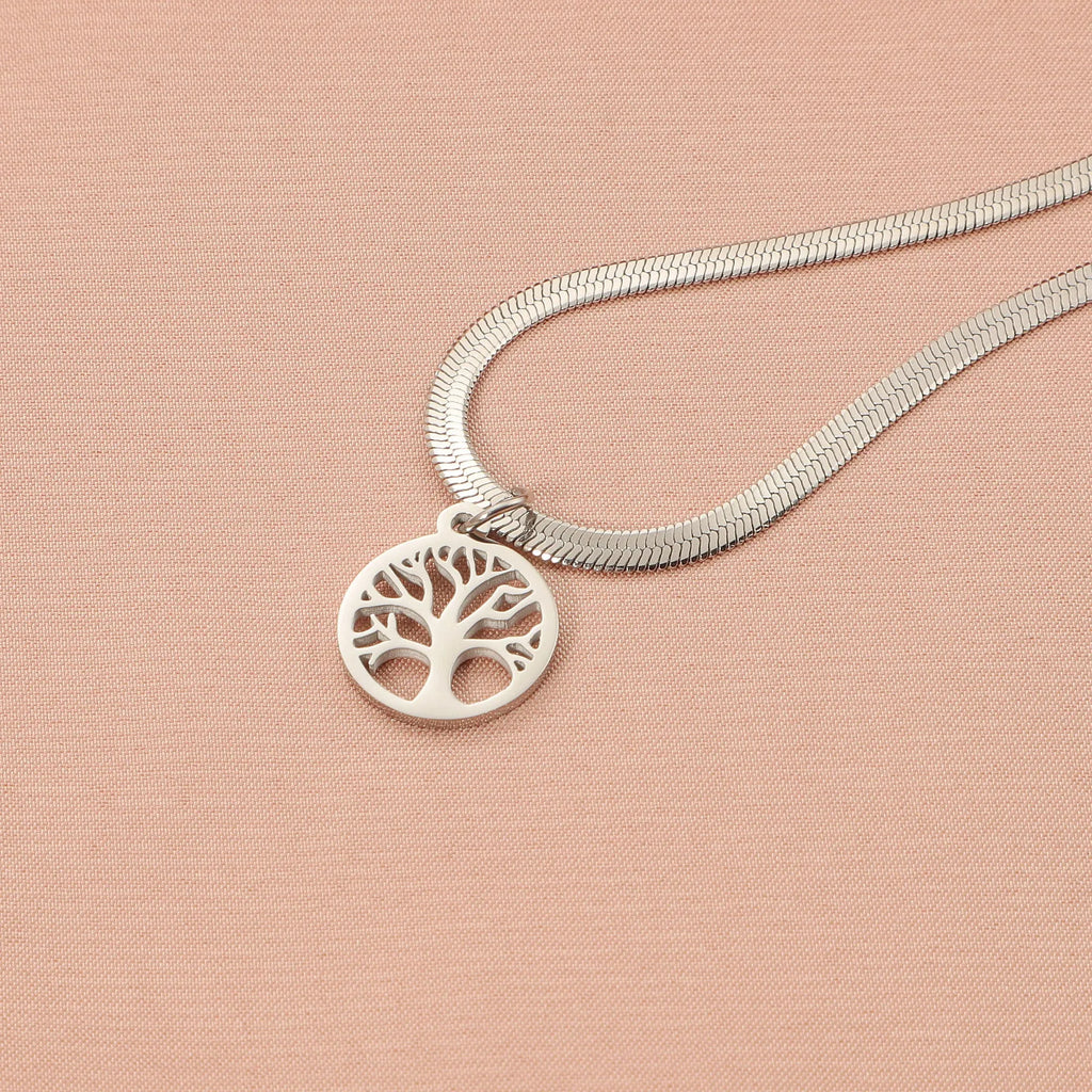 Stainless steel lucky tree necklace with U-shaped pendant on snake bones chain