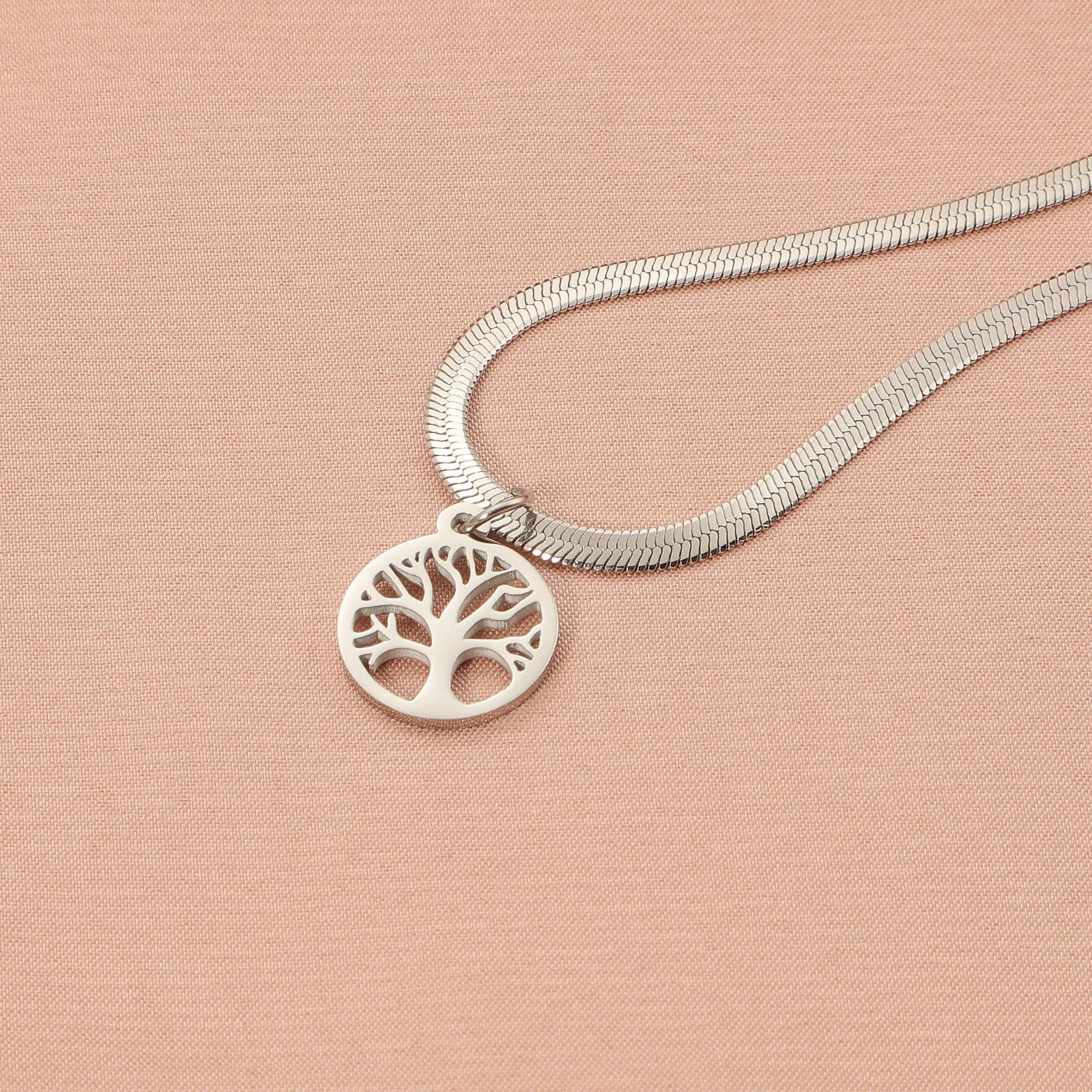 Stainless steel lucky tree necklace with U-shaped pendant on snake bones chain