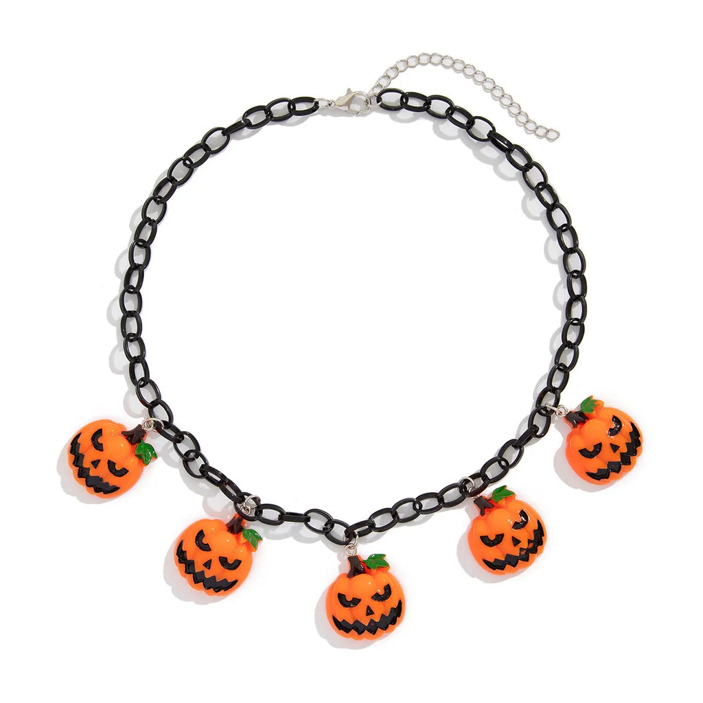 Cartoon pumpkin Halloween necklace with mixed colour acrylic pendant on a regular chain.