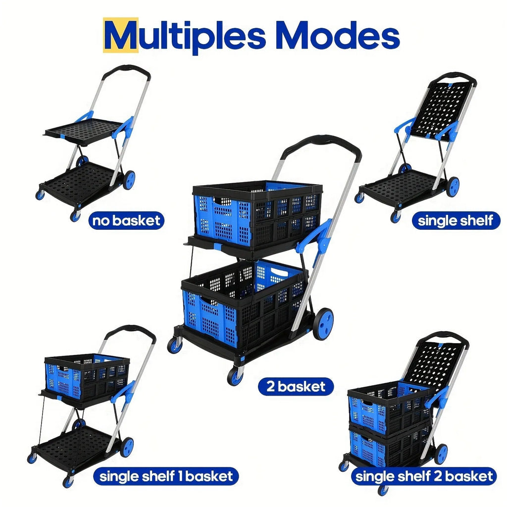 Blue foldable shopping cart with double plastic baskets shown in open position