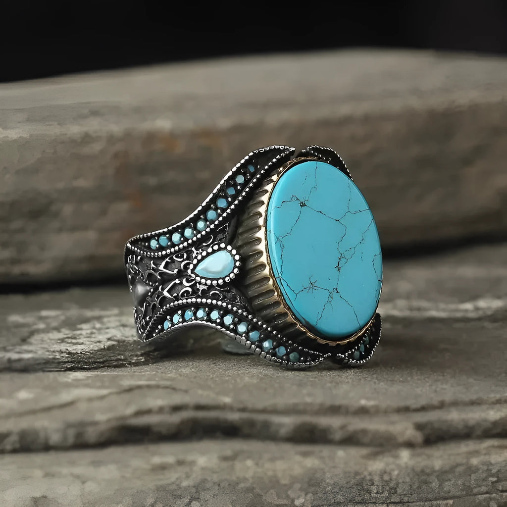 Men's antique silver alloy ring with turquoise details on round band