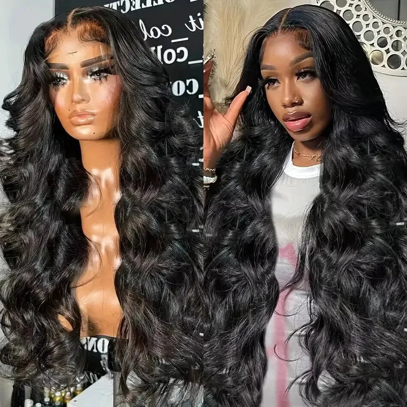 Black lace wig with large, voluminous waves, shown on a mannequin head.