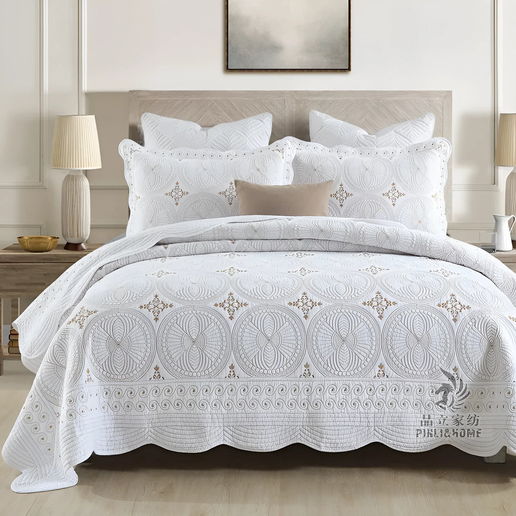 European-style embroidered cotton bed cover set with two pillowcases for 1.8m beds