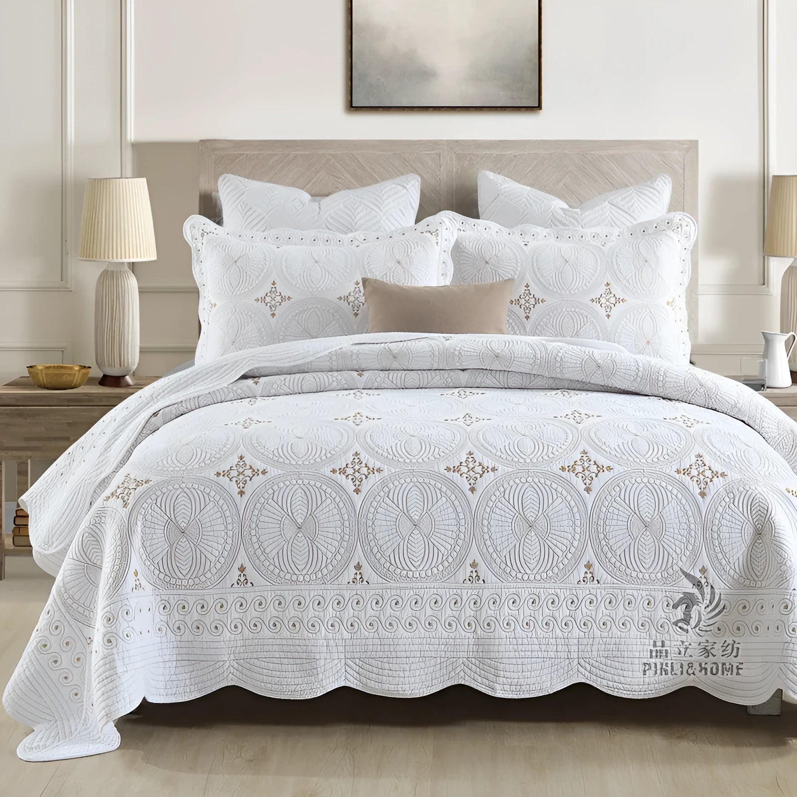 European-style embroidered cotton bed cover set with two pillowcases for 1.8m beds