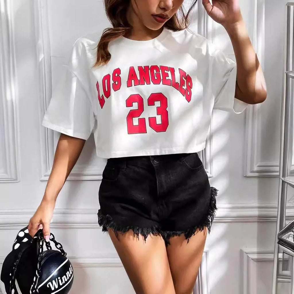 Women's personalised English letter cotton t-shirt with exposed navel design in black or white colours