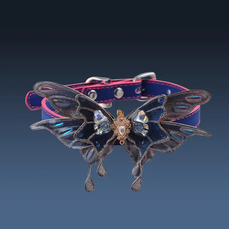 Purple butterfly rhinestone collar with temperature change design and alloy pendant on regular chain