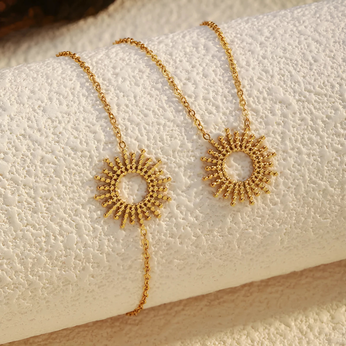 Sunflower Series yellow gold 14K plated stainless steel necklace and bracelet set with geometric chain design