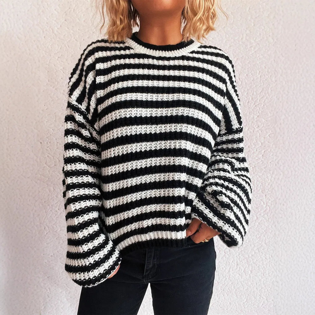Women's vintage stripe loose fit pullover sweater in polyester fabric