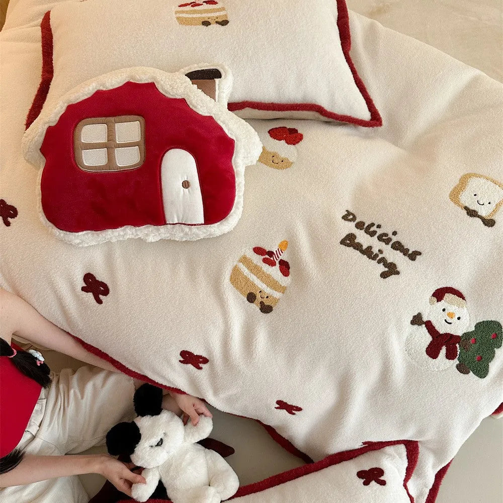 Winter Christmas cartoon bedding four-piece set with Xuefu Milk Pastry pattern on polyester fabric