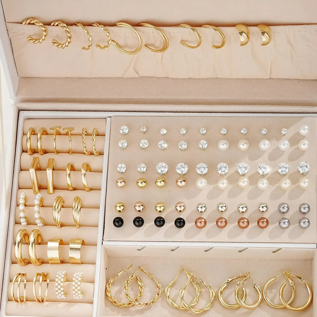 108-piece set of geometric pearl earrings with gold and yellow electroplated finishes without box packaging
