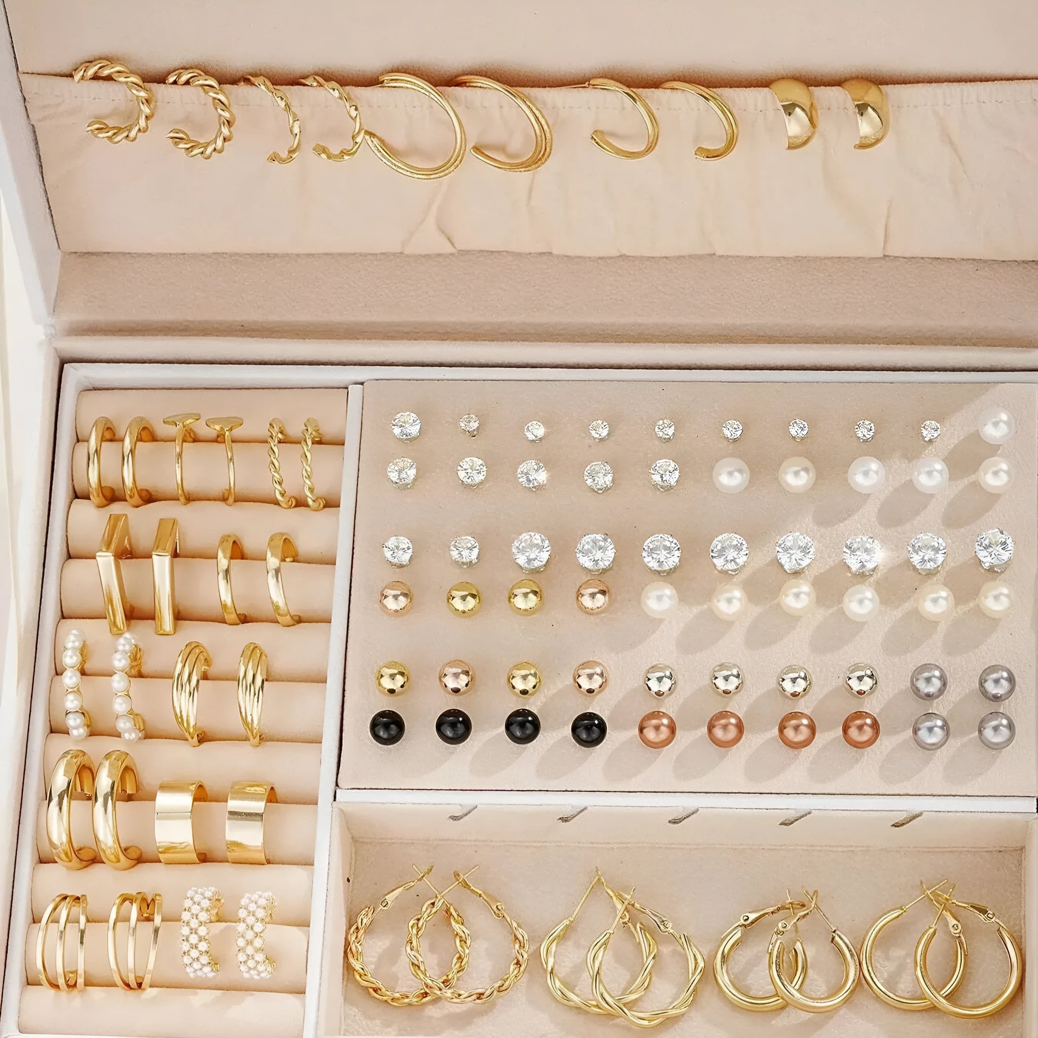 108-piece set of geometric pearl earrings with gold and yellow electroplated finishes without box packaging