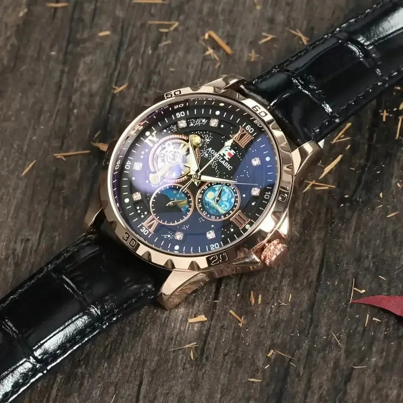 Men's automatic mechanical watch with large hollow dial and rose gold black casing