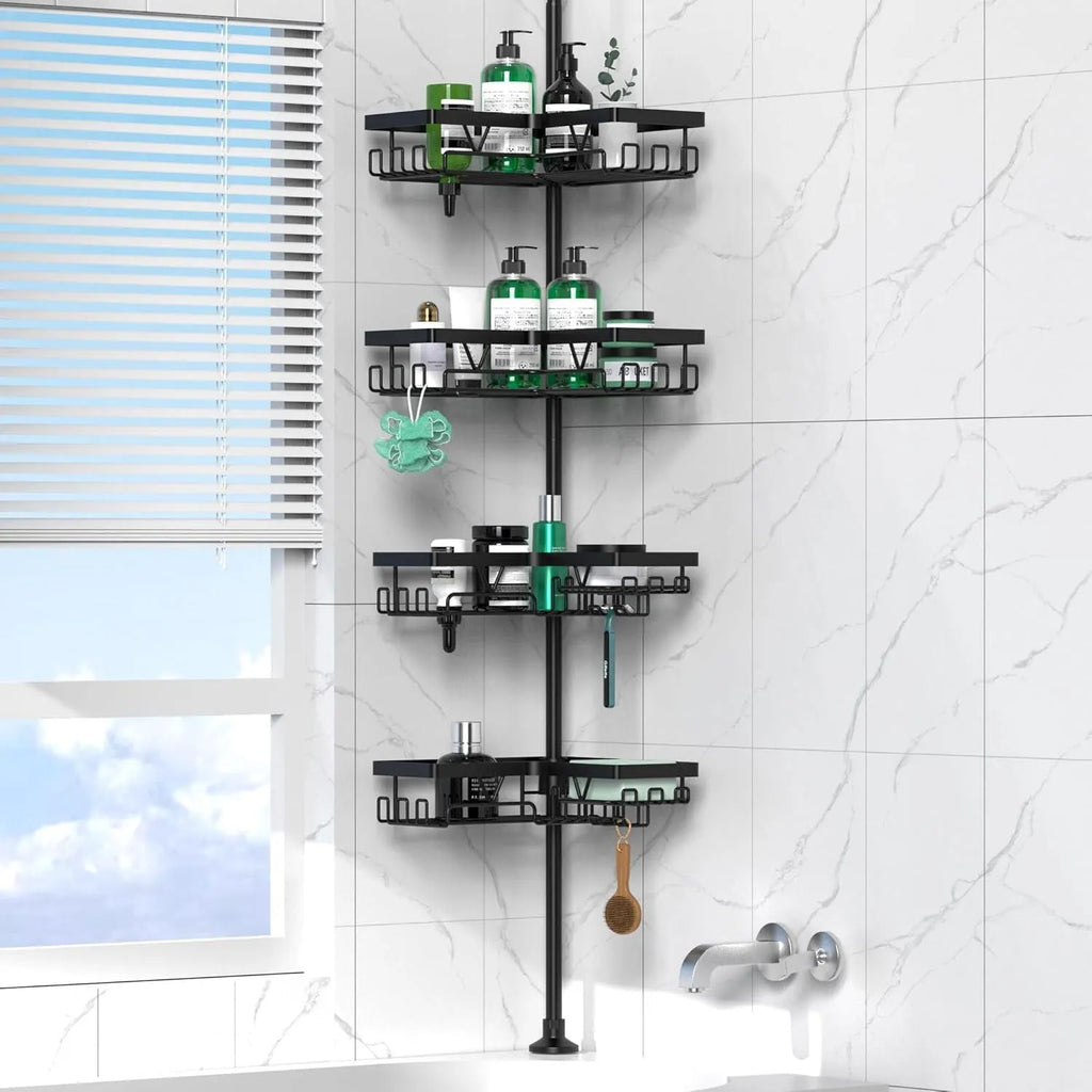 Modern hole-free retractable bathroom storage rack with four shelves made of stainless steel and iron.