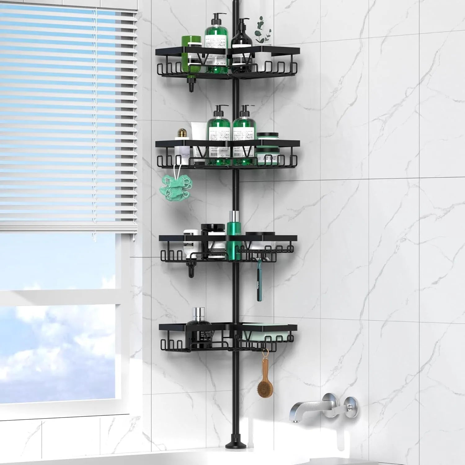 Modern hole-free retractable bathroom storage rack with four shelves made of stainless steel and iron.