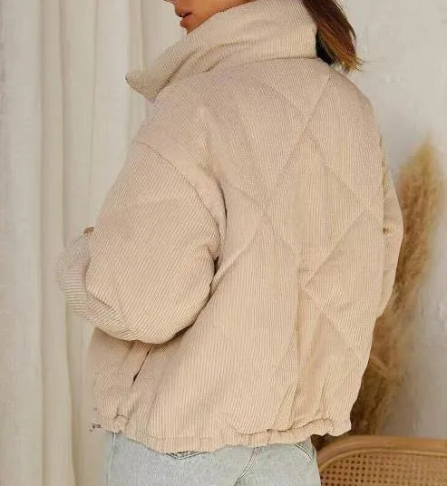 Women's apricot corduroy zip-up jacket with stand collar and street fashion styling