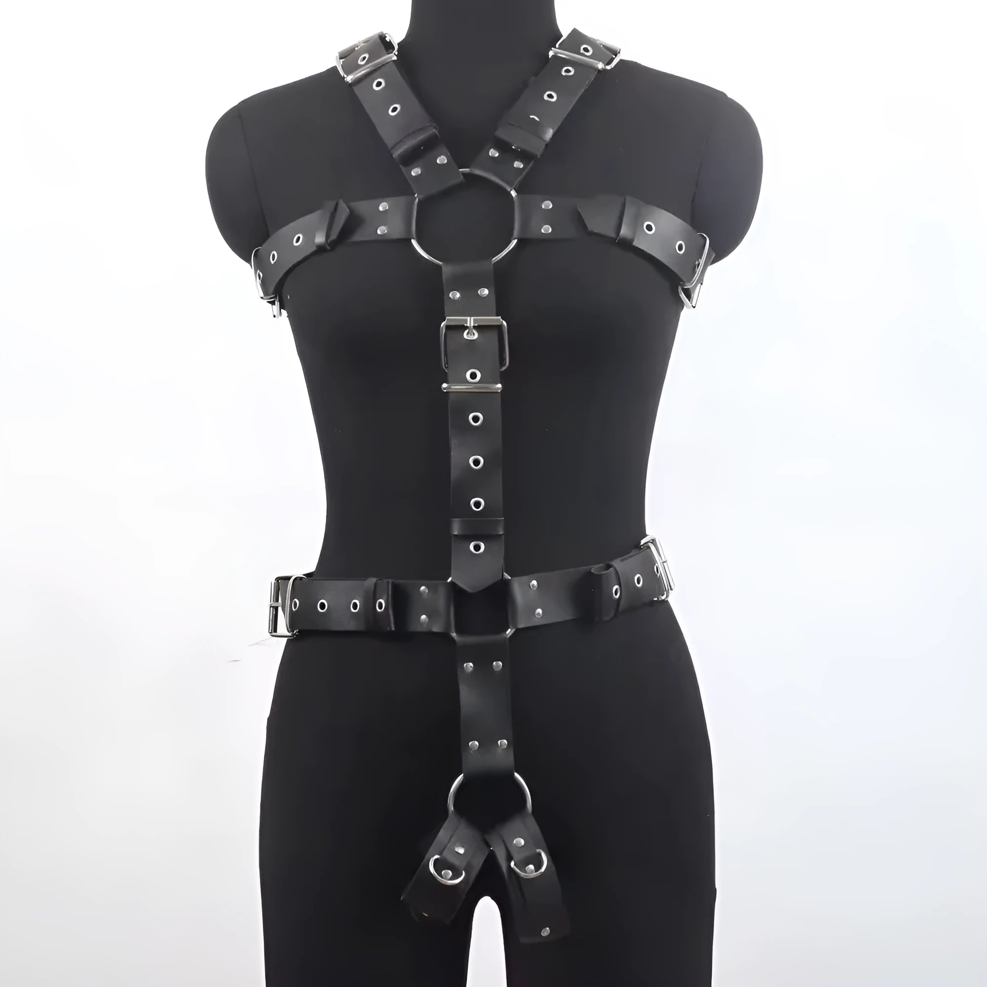 Black patent leather bustier shapewear with a thin width and pin buckle closure.