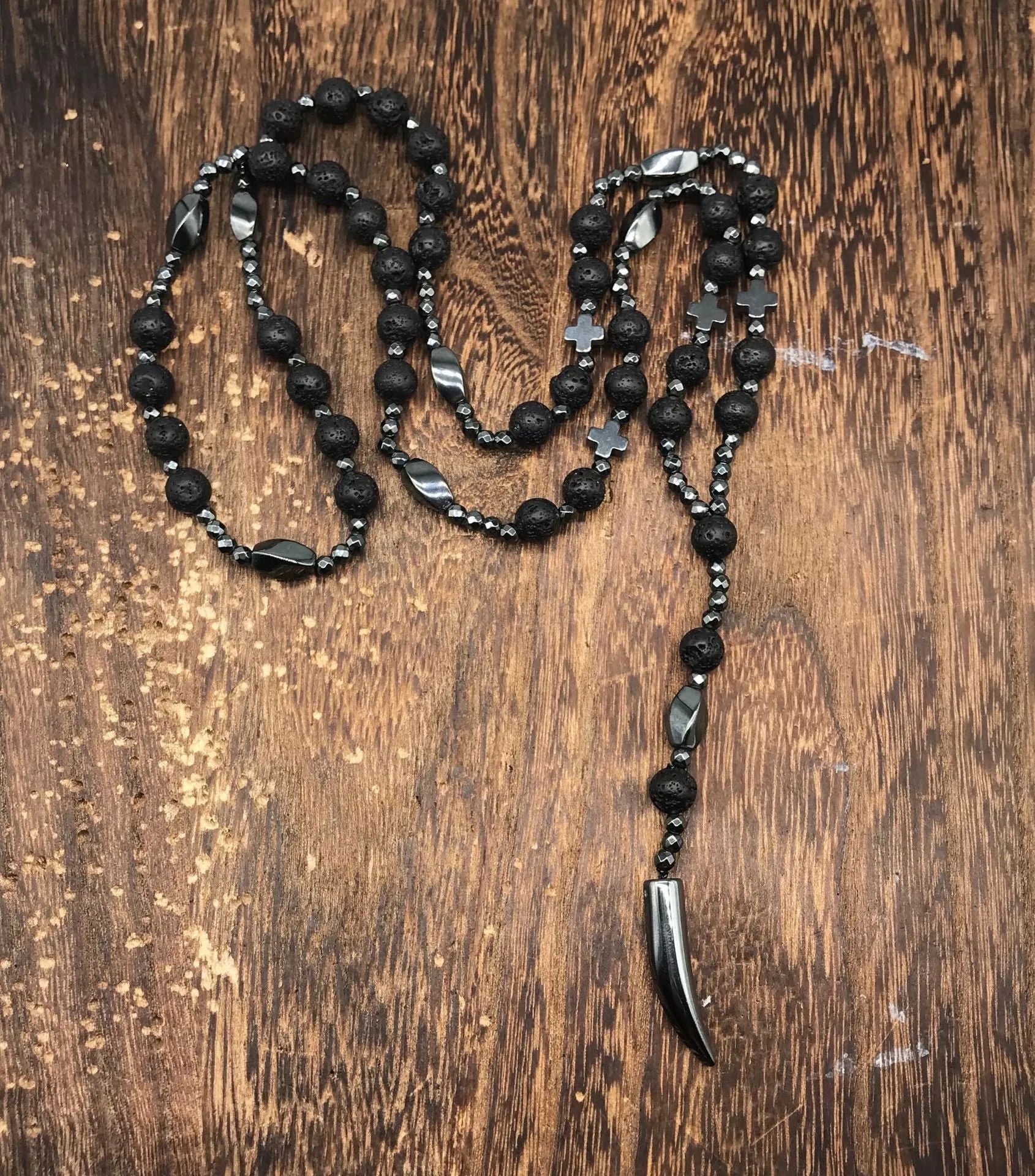 Men's stone cross pendant necklace on an 80cm ball bead chain