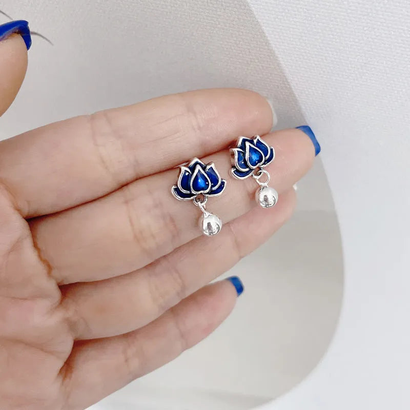 Blue Lotus artistic seedpod and tassel design silver tone alloy ear studs for women