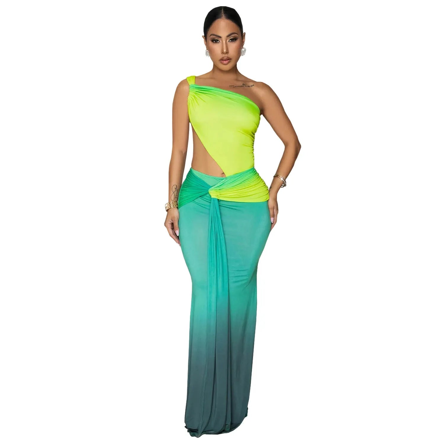 Women's gradient colour cross-shoulder summer dress with high waist and long skirt