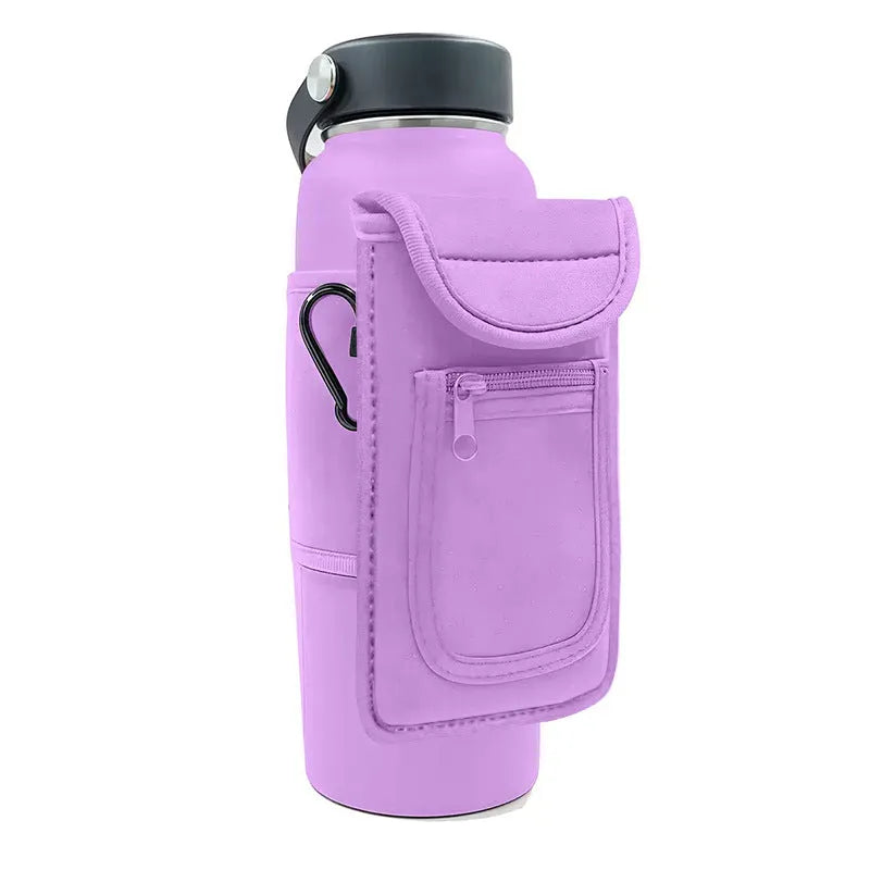 Fitness magnetic cup sleeve for large bottles in beige colour with carabiner clip fastening.
