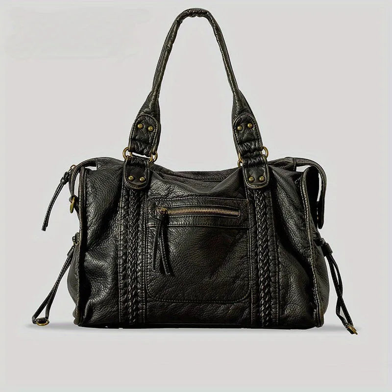 Women's retro motorcycle messenger shoulder bag in brown with woven detail accents and horizontal square shape