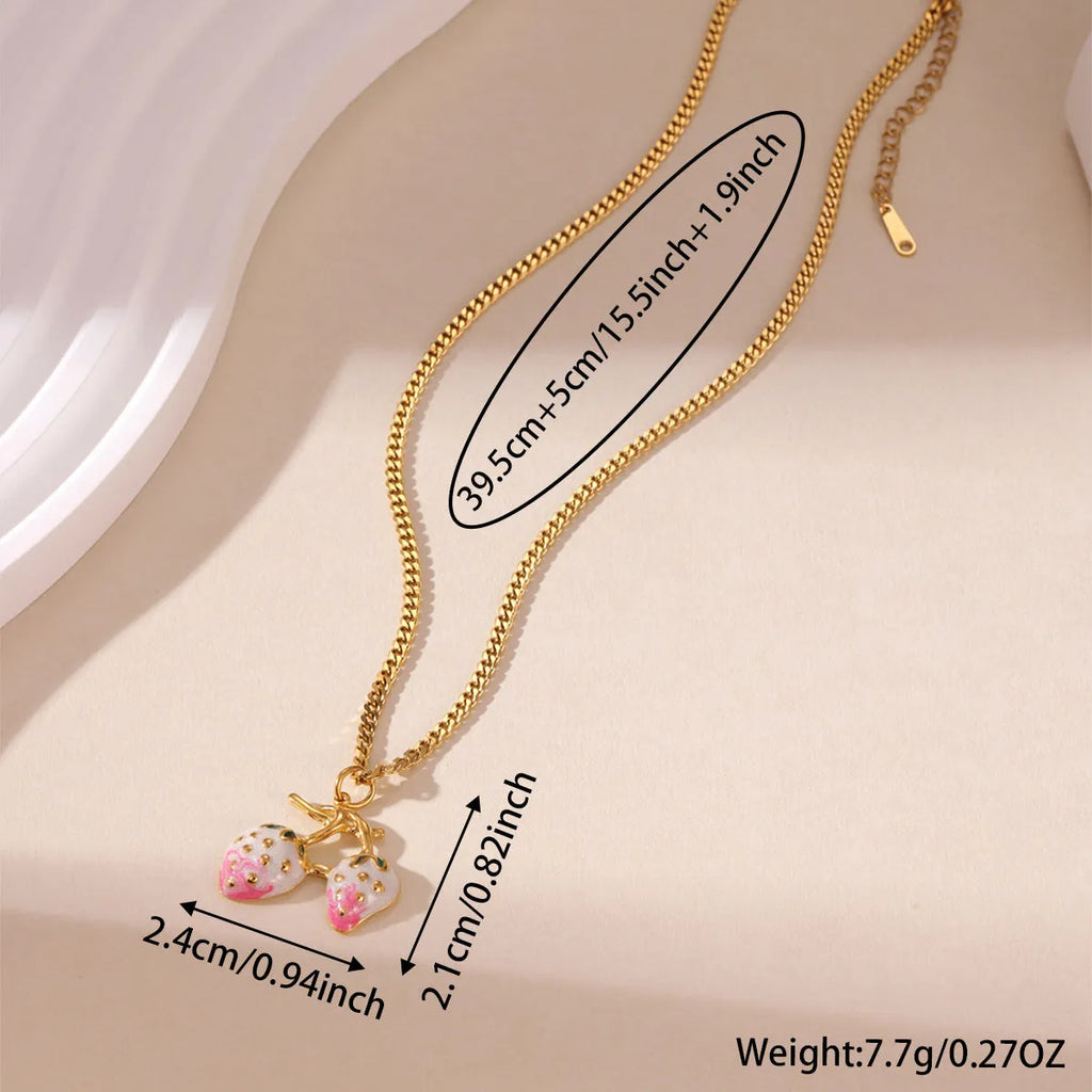 Women's stainless steel strawberry fruit pendant necklace in red and white gradient colours