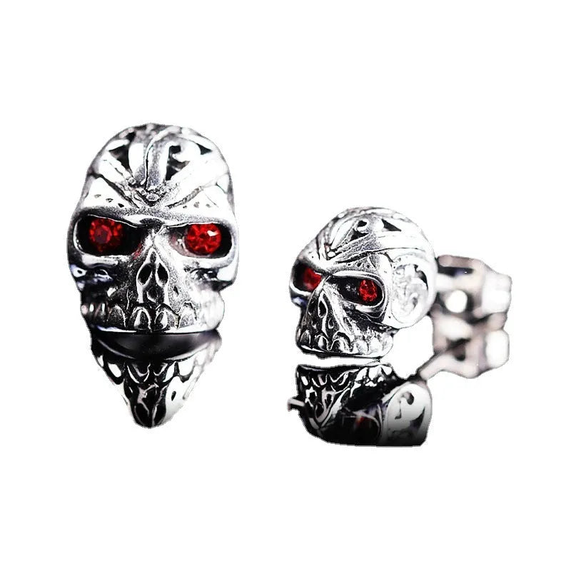 Retro skull stud earrings with red eye ghost head design on alloy construction