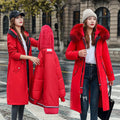 Women's long padded polyester fleece trench coat in bean green with a 100cm length