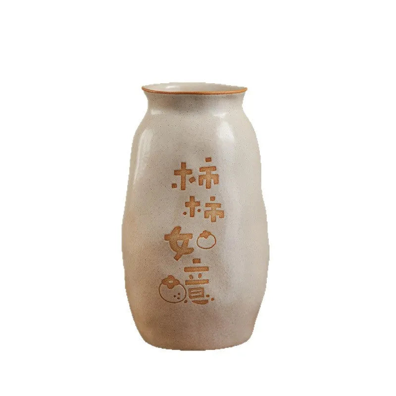 Chinese hand-painted ceramic joy vase with auspicious symbols on 8cm diameter base for desktop display