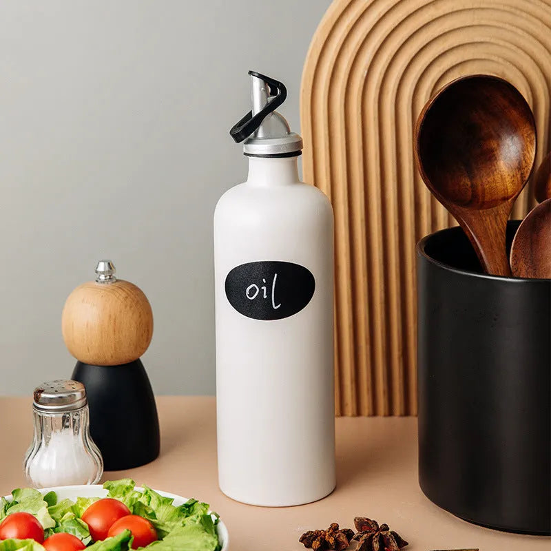 Ceramic oil pot with funnel and brush in black, white, or coffee colour options
