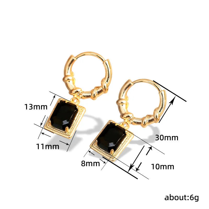 A pair of black zircon geometric copper French court earrings with a quadrilateral shape.