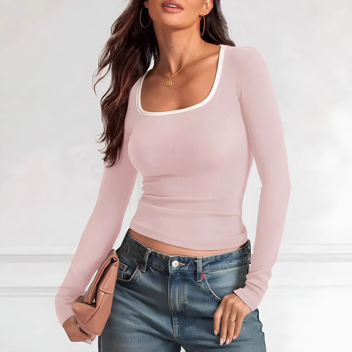Women's cotton slim fit pullover top with square collar in multiple solid colour options