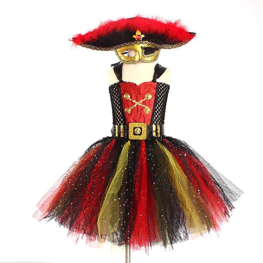 Girls pirate costume dress with sequin decoration and mesh sleeves for Halloween