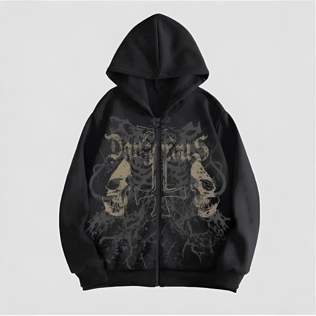 Black hooded men's sweatshirt featuring a detailed skull hot stamp print on the front.