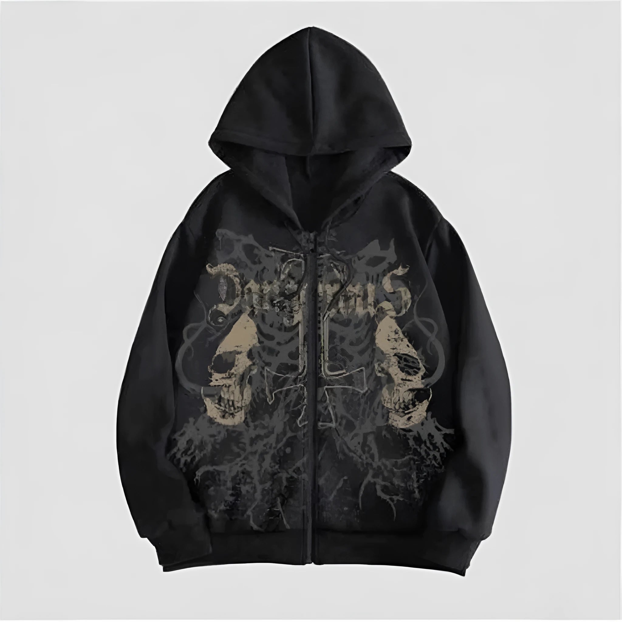 Black hooded men's sweatshirt featuring a detailed skull hot stamp print on the front.