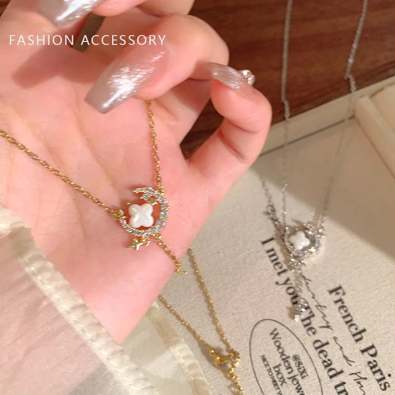 Gold and silver star moon zirconium necklace with adjustable 41-50cm clavicle chain