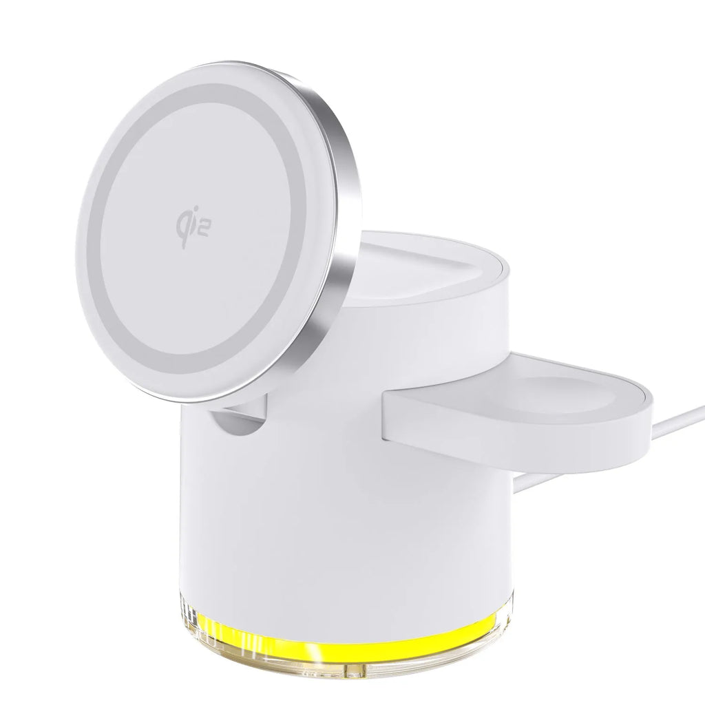 C16 three-in-one magnetic folding wireless charger in Black and Ivory White, charging a phone, watch, and earphones.