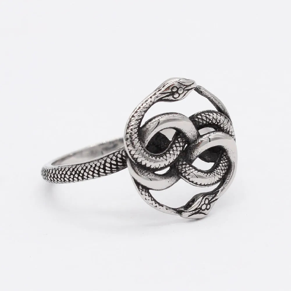 Titanium steel double snake ring with retro design in steel colour