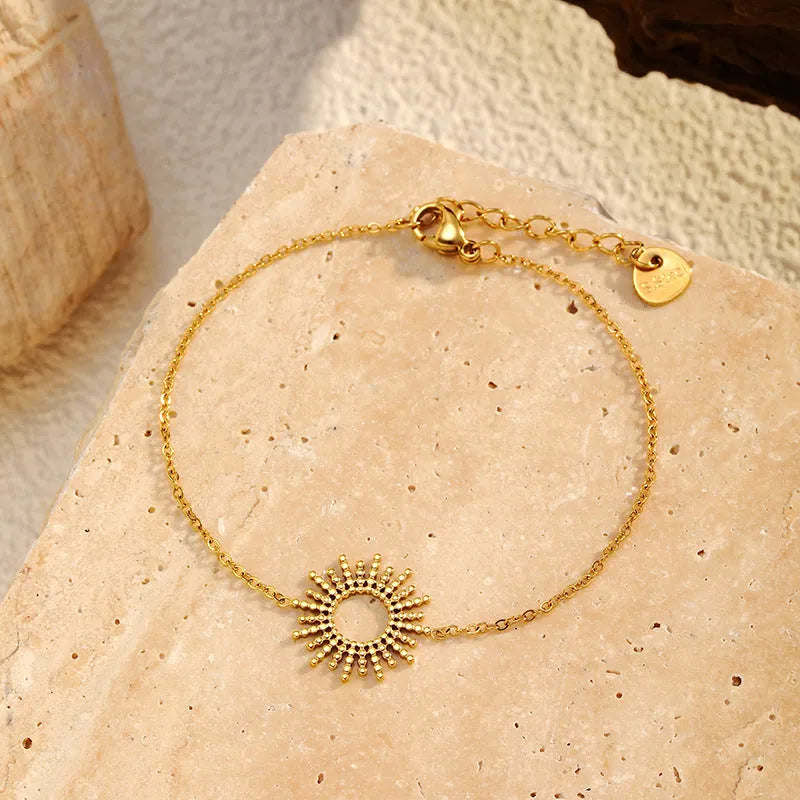 Sunflower Series yellow gold 14K plated stainless steel necklace and bracelet set with geometric chain design