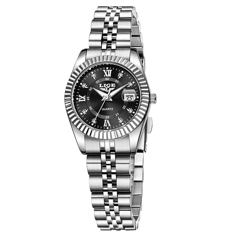 Waterproof leisure quartz watch in gold and silver colour options with 10mm case thickness.