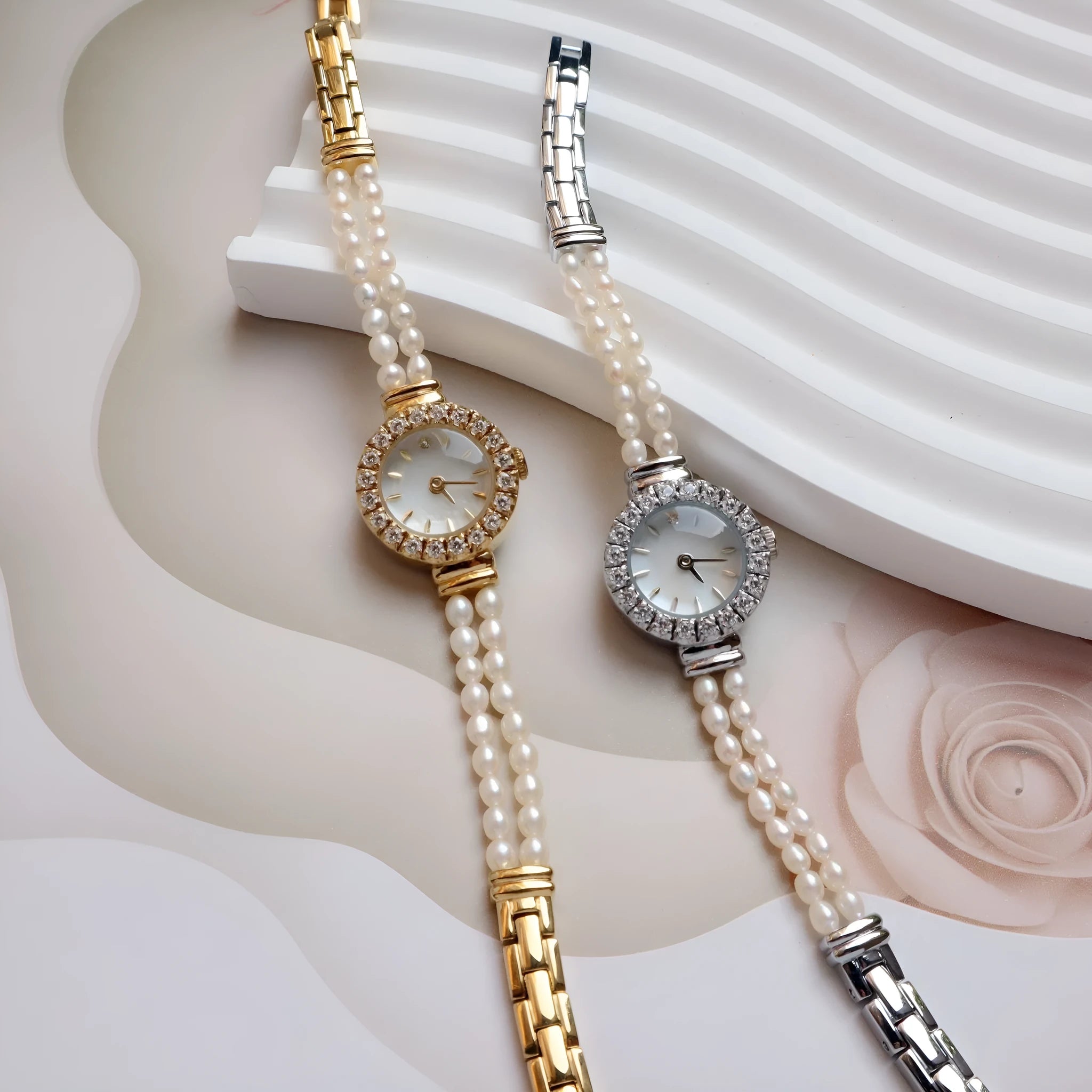 Women's light gold bracelet watch with freshwater pearls and 18mm round dial