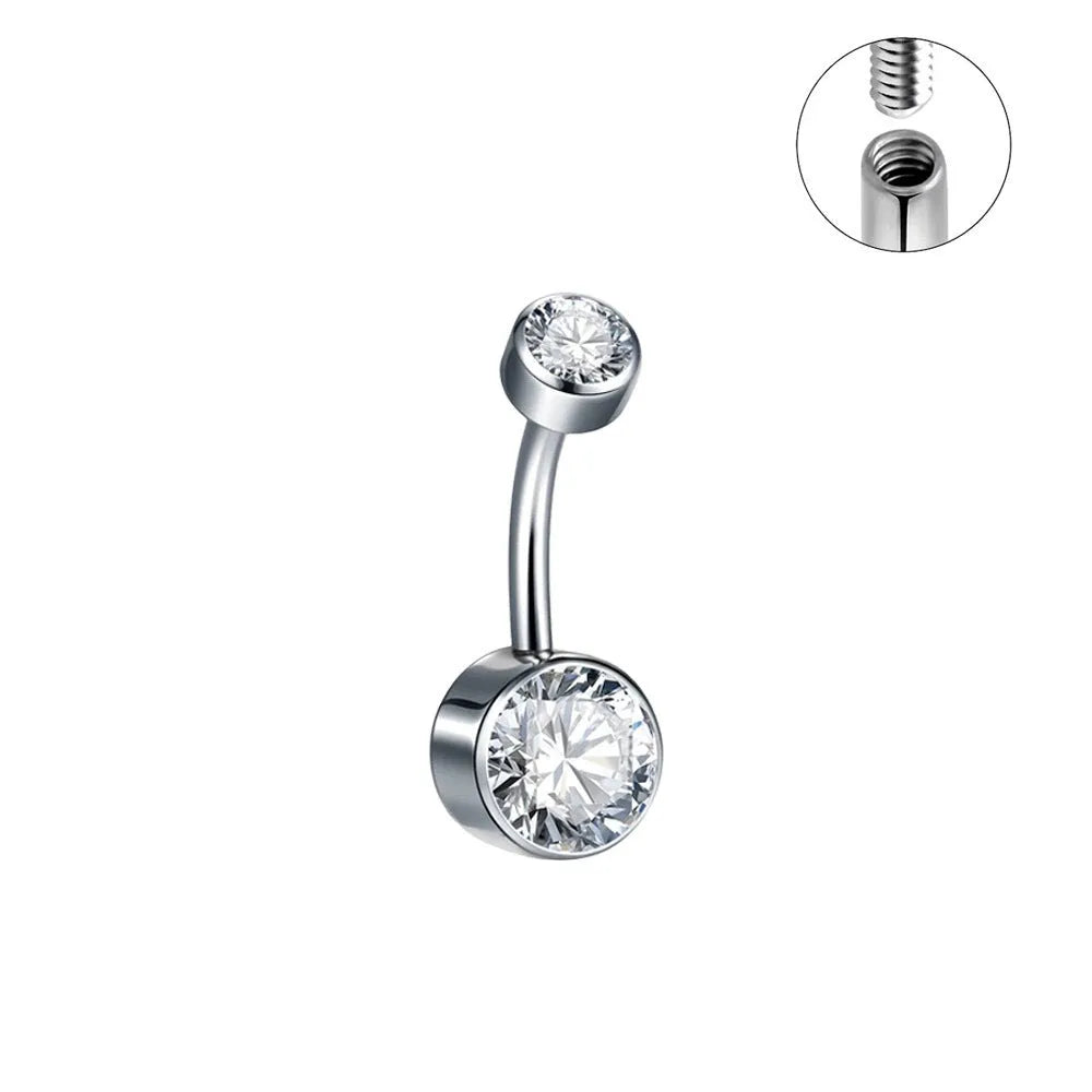 Titanium double-headed zircon navel stud in geometric shape on white background.