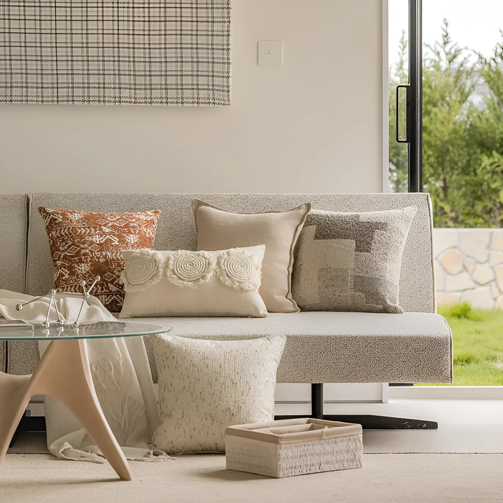 Solid colour pillow cushion on a sofa, showing 45x45cm square size with PP cotton filler.
