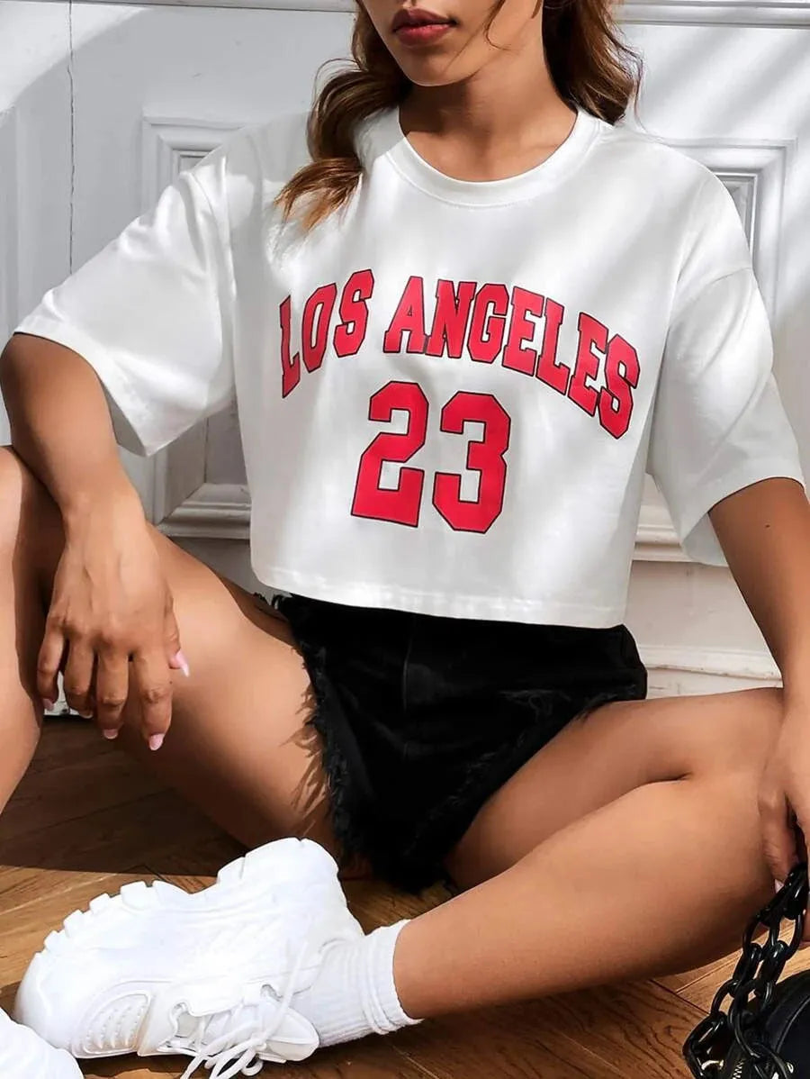 Women's personalised English letter cotton t-shirt with exposed navel design in black or white colours