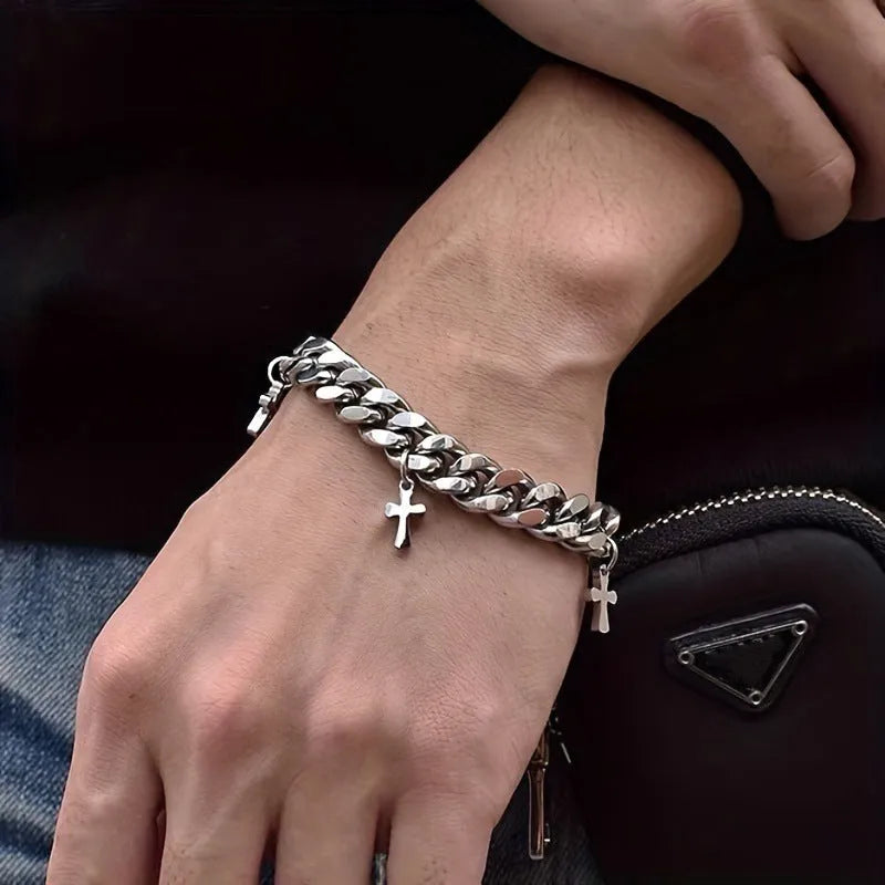 Men's titanium steel bracelet with geometric cross pendant in cold wind style