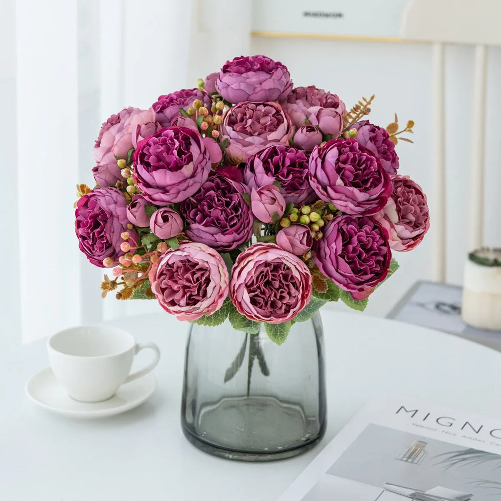 Silk artificial peony bouquet in champagne colour for table decoration