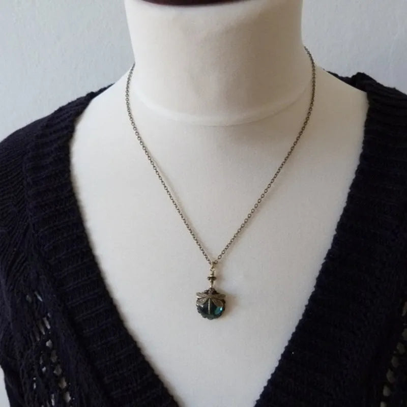 Yellow vintage bronze dragonfly pendant necklace on 925 silver adjustable chain with hand carved details