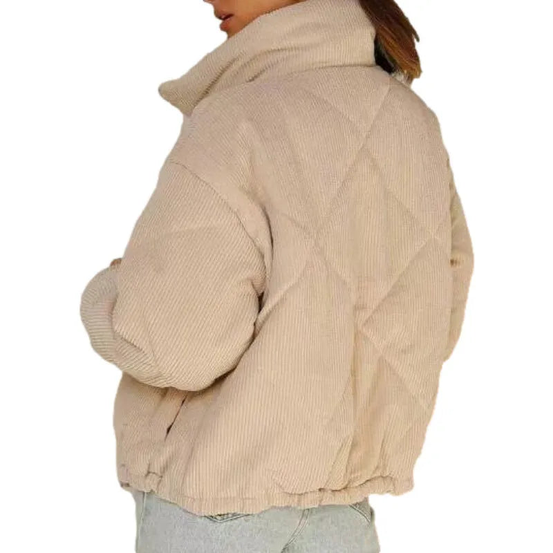 Women's apricot corduroy zip-up jacket with stand collar and street fashion styling